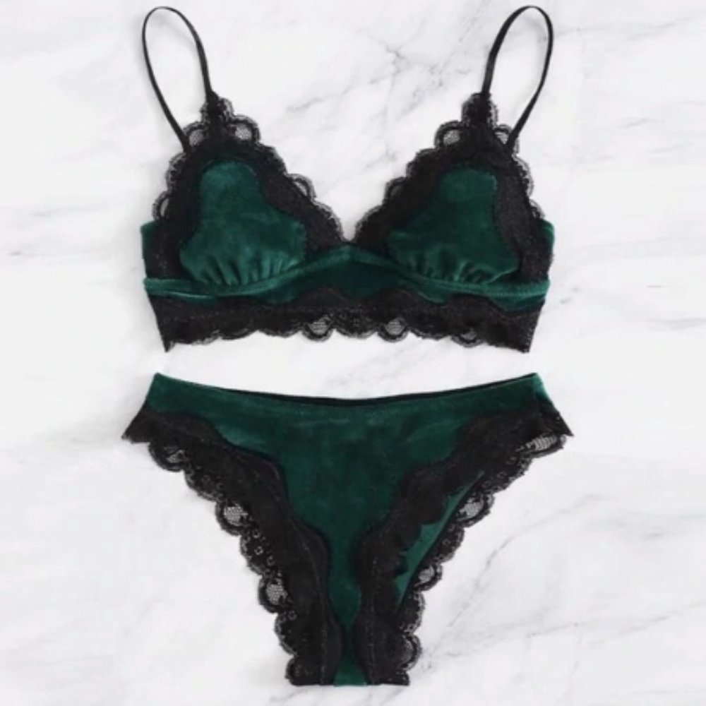 Green Velvet Lace Bra Underwear Set